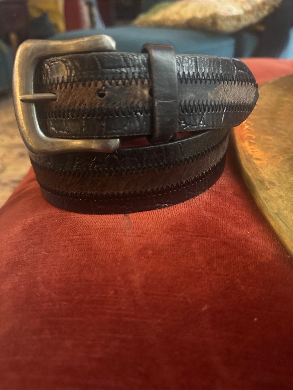 Rolfs Black Leather Belt with Zigzag Stitching and Metal Buckle